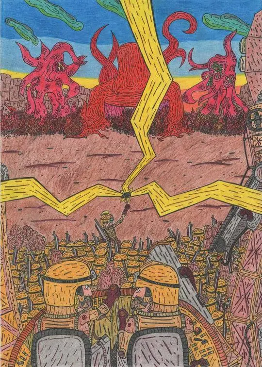 Mekhanite Empire soldiers in yellow suits watching a person direct yellow lightning at giant red creatures