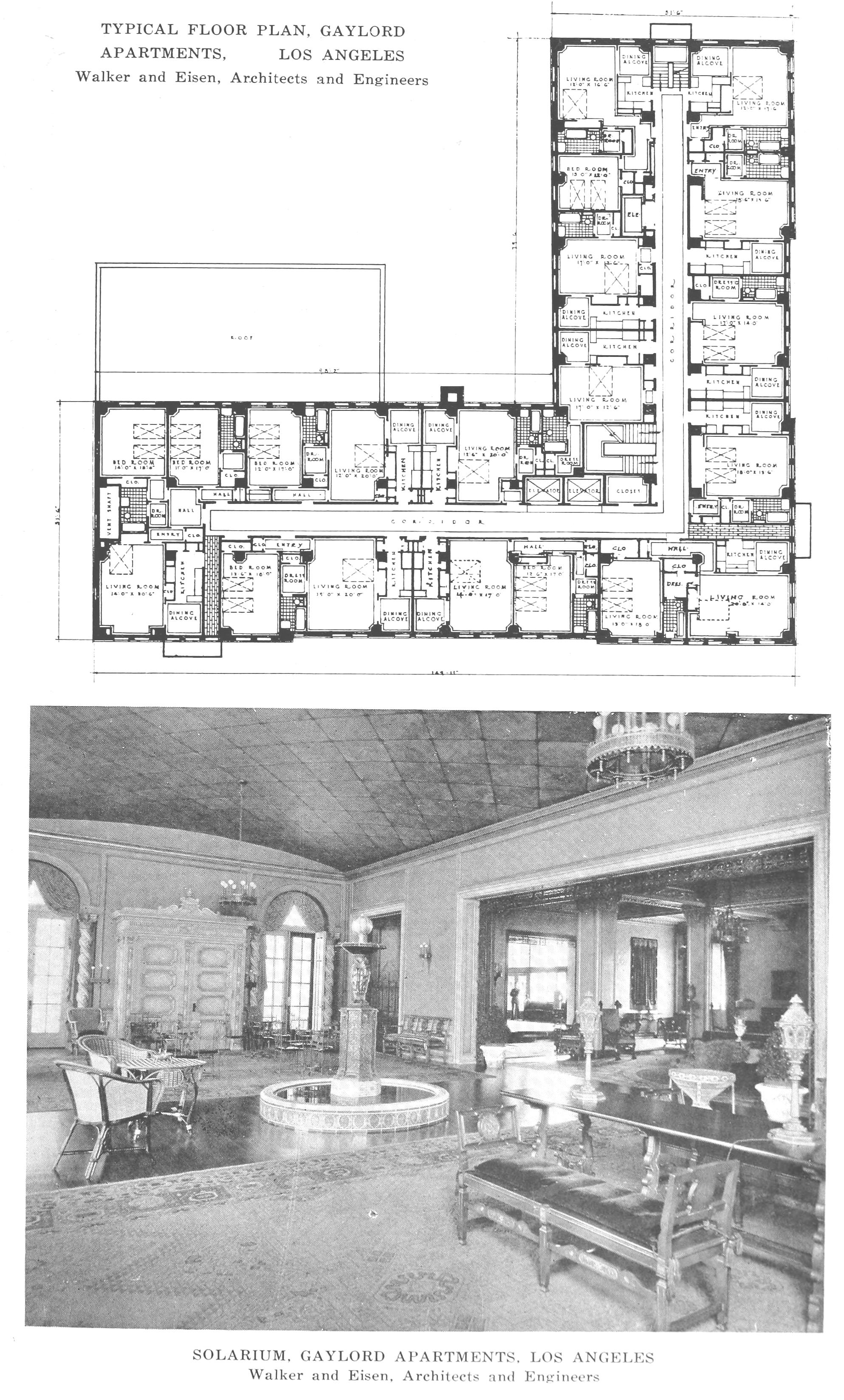 The Gaylord apartments, typical floor plan and view of solarium looking