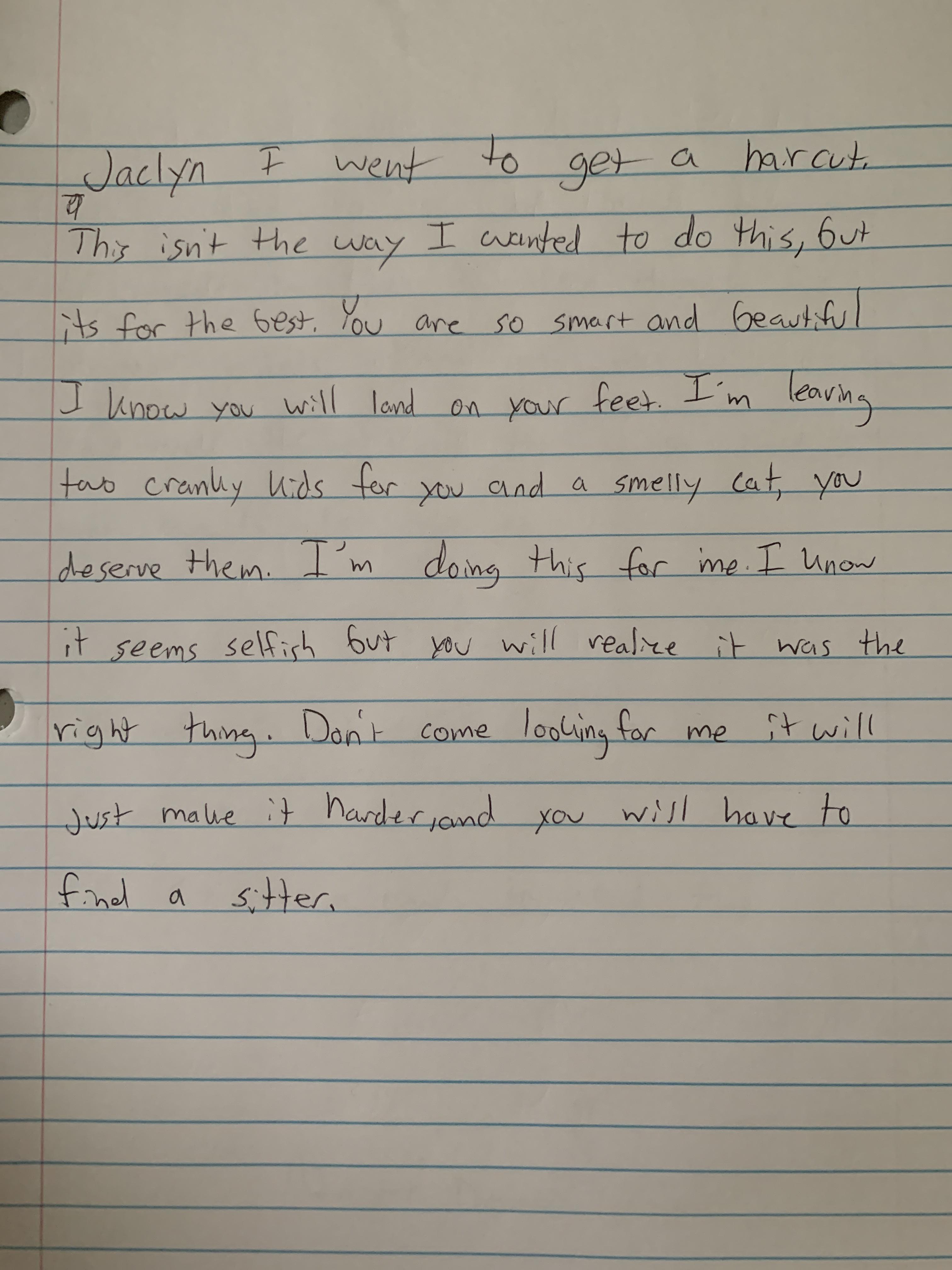 This letter my husband left me when he went for a haircut this morning