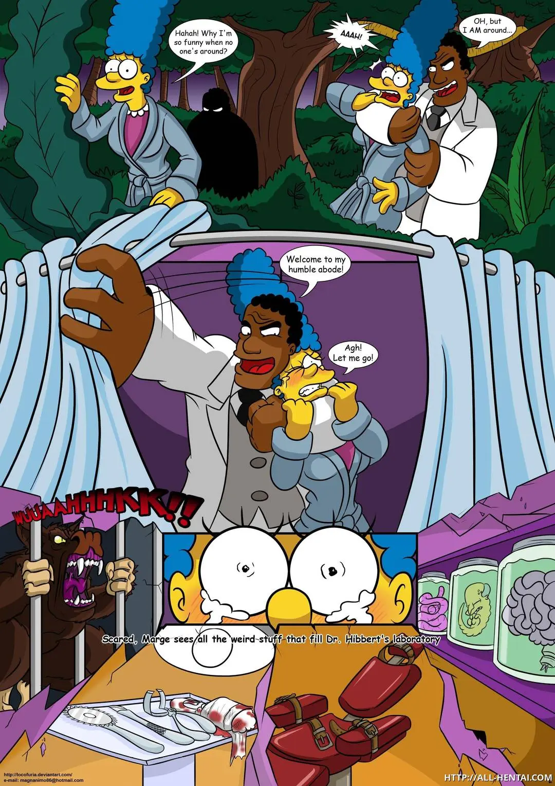 The Simpsons fan art featuring anthropomorphic transformation, breast expansion, and bondage in a laboratory.