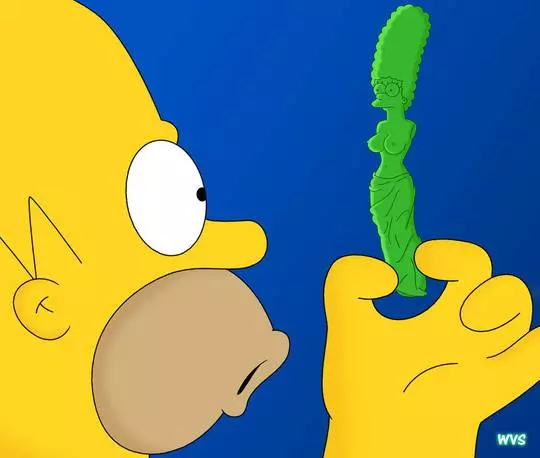 Homer Simpson holding a naked, busty green Marge Simpson sex doll figurine in a pop art oil painting style.