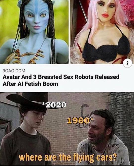 Cursed AI meme featuring a blue avatar and busty three-breasted sex robots in an urban setting.
