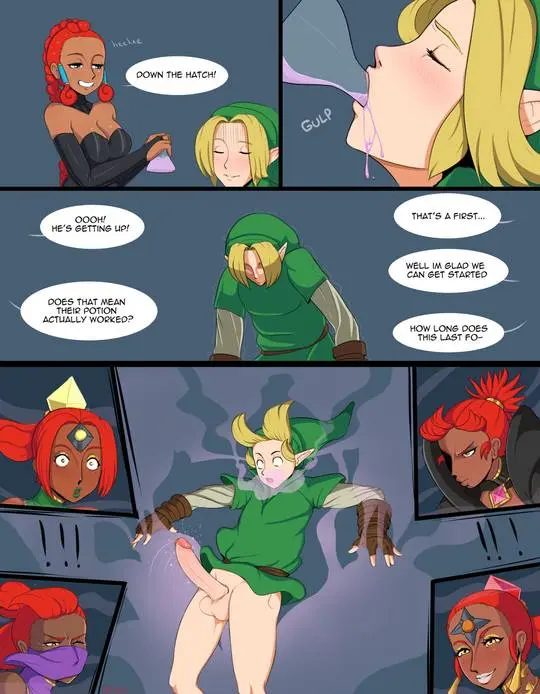 Link and a busty redhead Gerudo Queen in an interracial bwc impregnation doujinshi.
