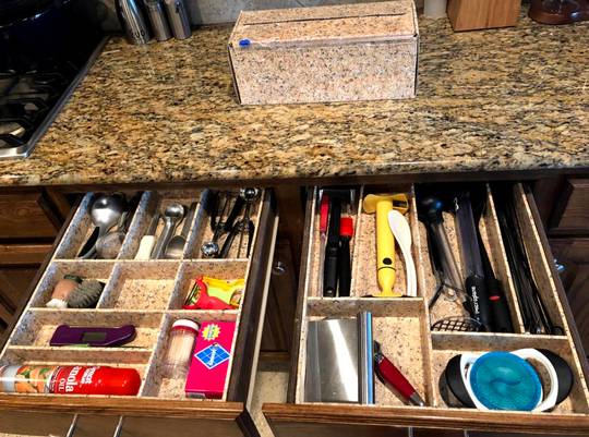 $10 custom organization for kitchen. Dollar store foam core (3 sheets) and a roll of contact paper from Walmart. My mom is amazing and even wrapped my big ugly Costco Saran Wrap container so it didn’t stand out on the counter!