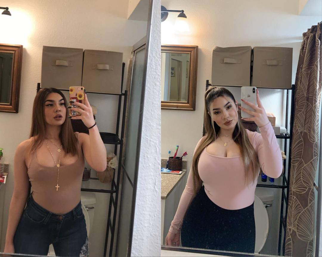 Curvy latina woman showing 2 years progressive growth in bathroom mirror selfies wearing a bodysuit and pink top