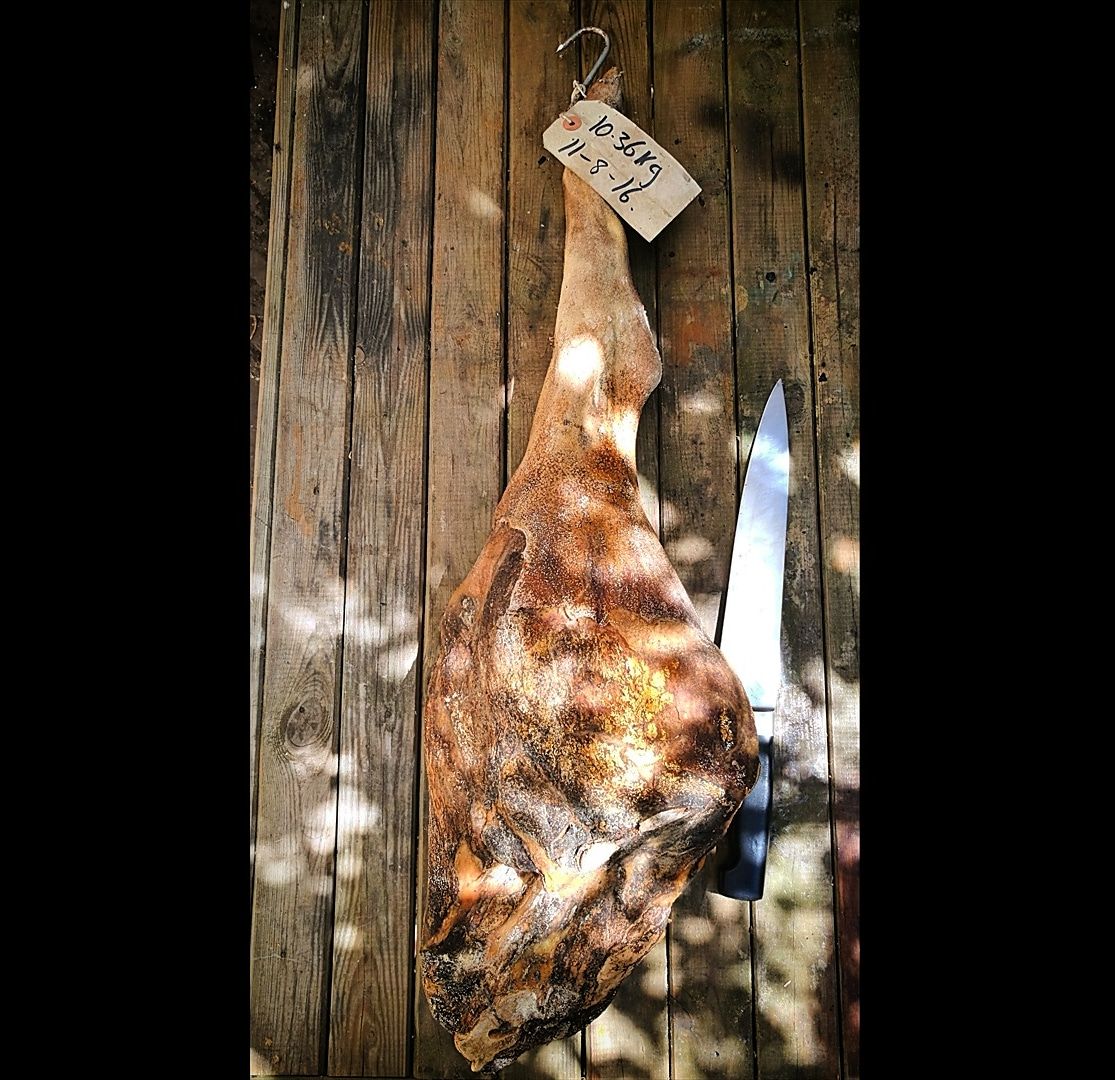 22 month dry cured leg of Berkshire Pork. I cut it open later on and it smells so rich and intense. Photos of the ham to follow.