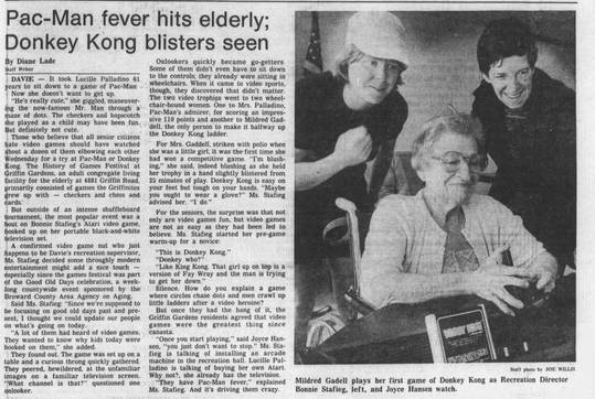 #3 in my Old Pac Man Newspaper clippings. This one from 1983 when Pac-Mania comes to the elderly with special appearance by Donkey Kong.