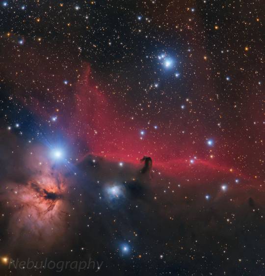A 3.5 hour exposure of the Flame and Horsehead Nebula taken from my backyard using a special astronomy camera.