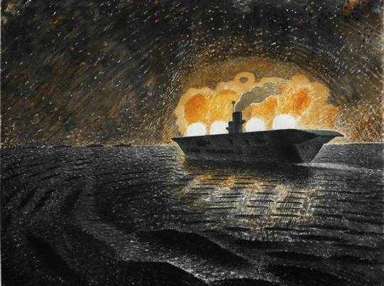 A night scene of HMS Ark Royal firing her guns, while four other ships sit on the distant horizon. By Eric Ravilious