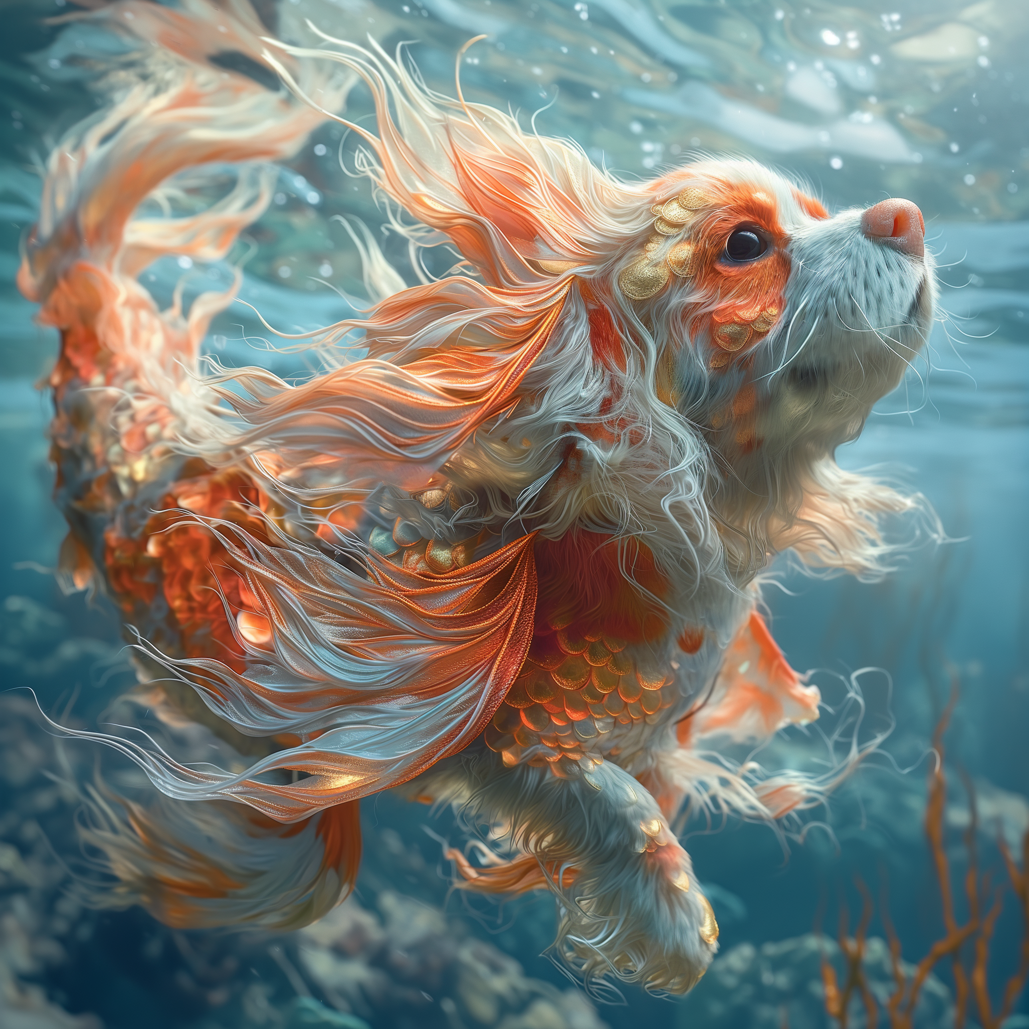 A photo of a dog fish hybrid swimming in the ocean with a fish's tail ...