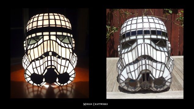 A stained glass clone-trooper lamp