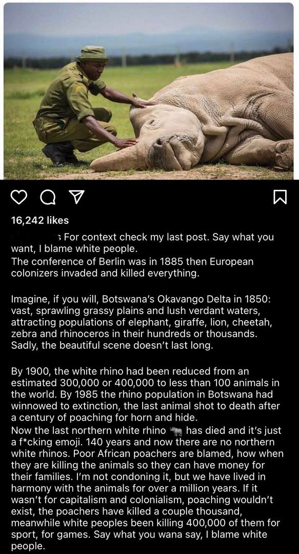 African poachers hunting an animal to extinction? All the fault of white people.