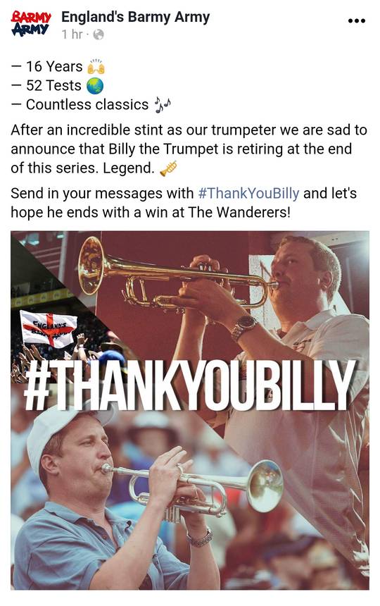 After 16 years Barmy Army's Billy the Trumpet is retiring