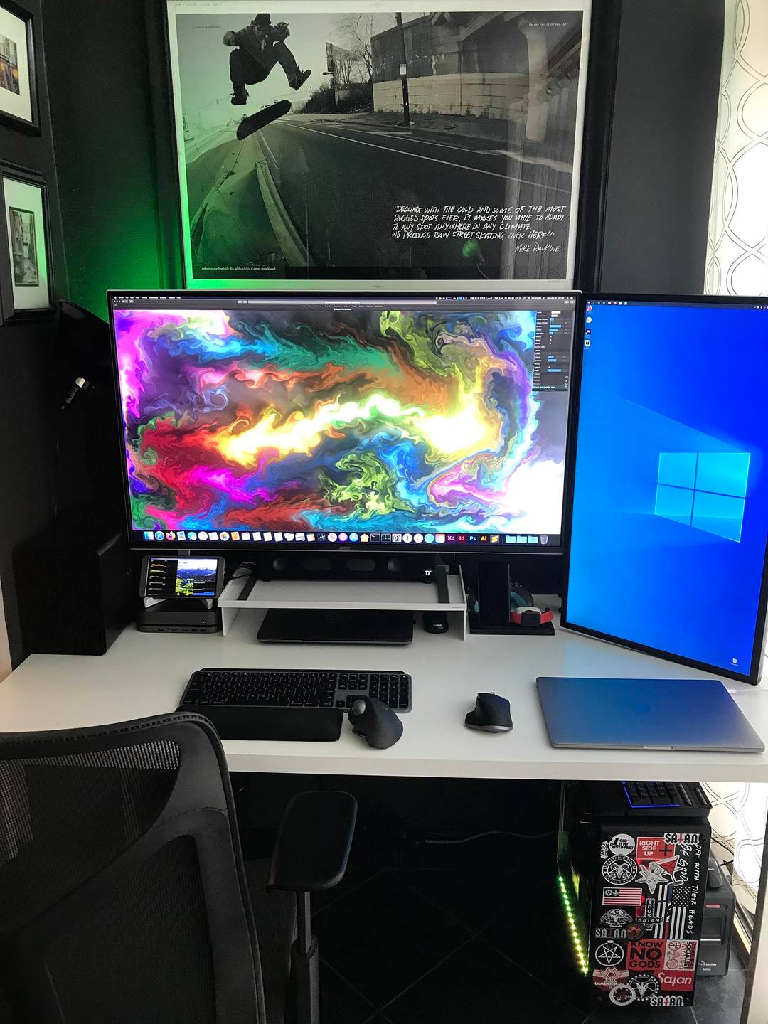 After many changes, macOS and Windows coexist; one keyboard and mouse, a trackball, a vertical display, variable display inputs, hell yeah.