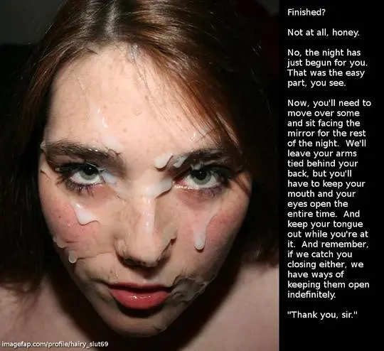 BDSM and forced feminization porn captions featuring slim white women, redheads, and brunettes in bondage.