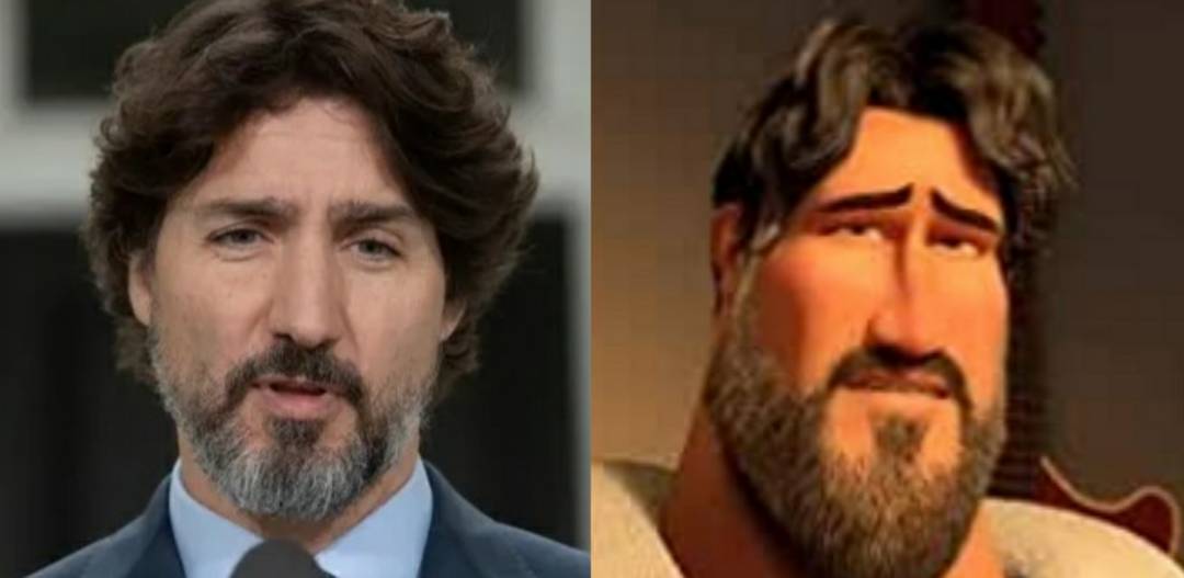 Lookalike comparison of a man in a blue suit and a muscular 3D animated character with similar beards and expressions.