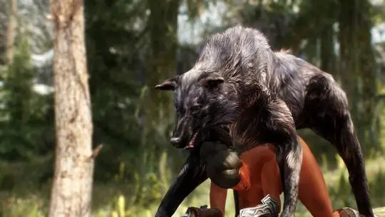 Busty brunette in fantasy armor being attacked by a feral wolf in a forest, monster on human, 3d