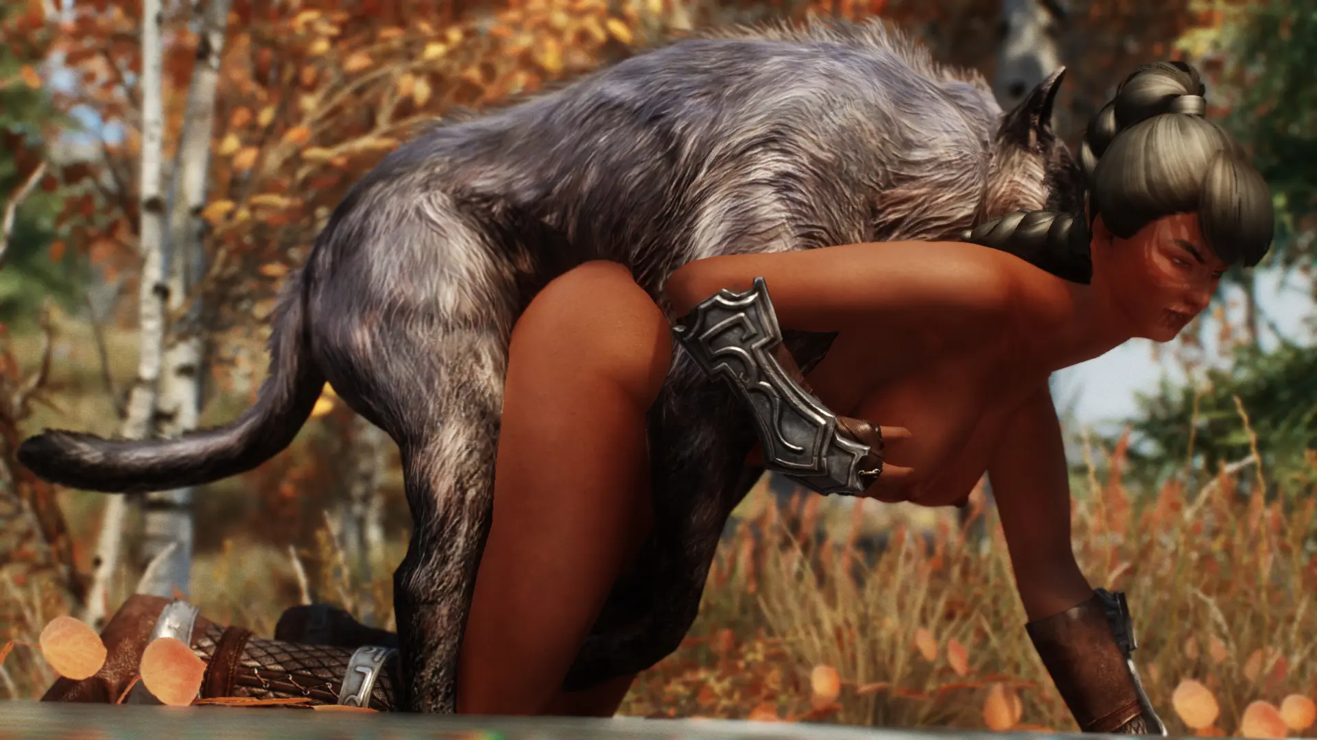 Busty brunette in fantasy armor being attacked by a feral wolf in a forest, monster on human, 3d