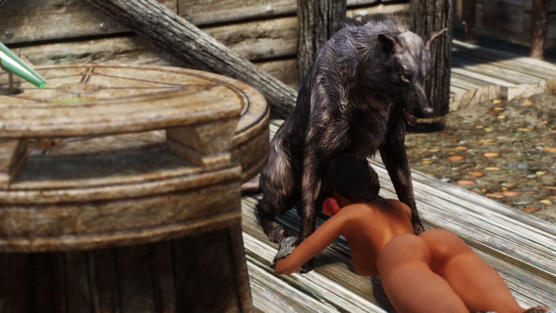 Busty brunette in fantasy armor being attacked by a feral wolf in a forest, monster on human, 3d