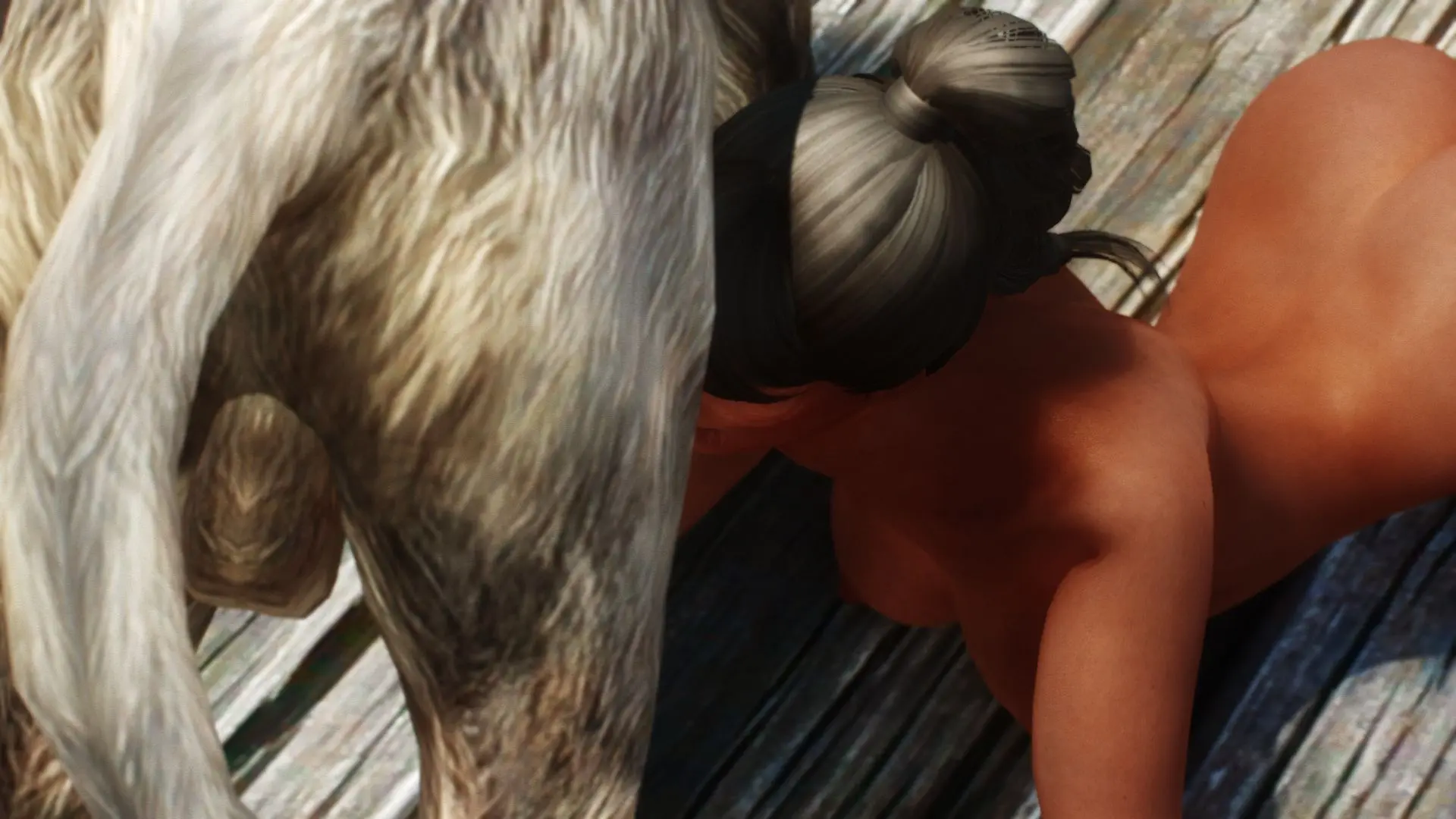Busty brunette in fantasy armor being attacked by a feral wolf in a forest, monster on human, 3d