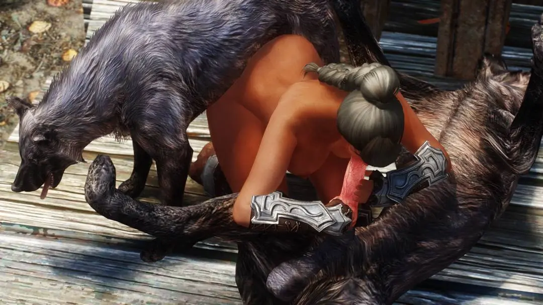 Busty brunette in fantasy armor being attacked by a feral wolf in a forest, monster on human, 3d