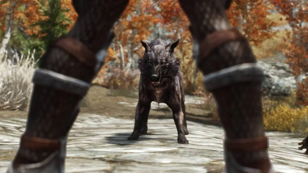 Busty brunette in fantasy armor being attacked by a feral wolf in a forest, monster on human, 3d