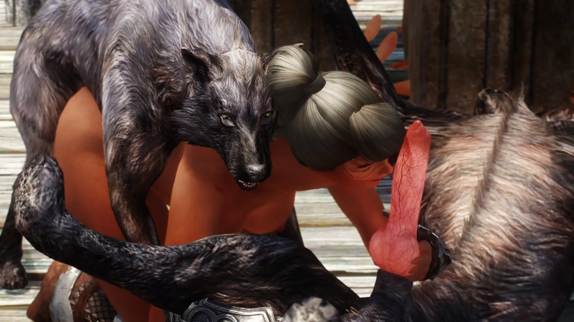 Busty brunette in fantasy armor being attacked by a feral wolf in a forest, monster on human, 3d