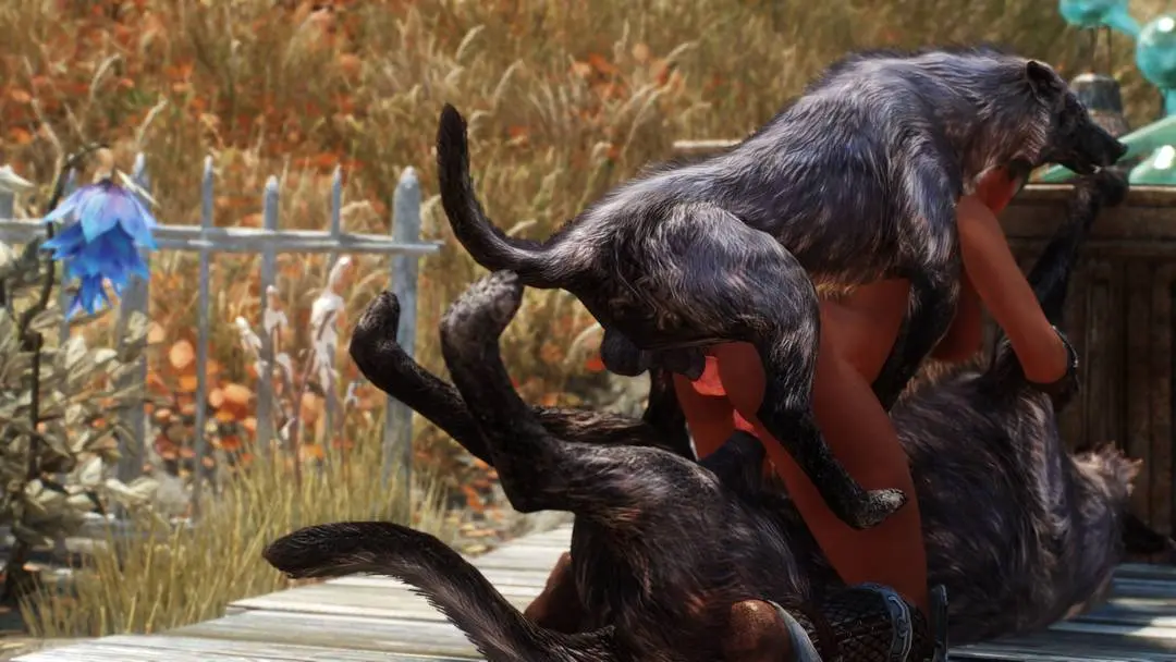 Busty brunette in fantasy armor being attacked by a feral wolf in a forest, monster on human, 3d
