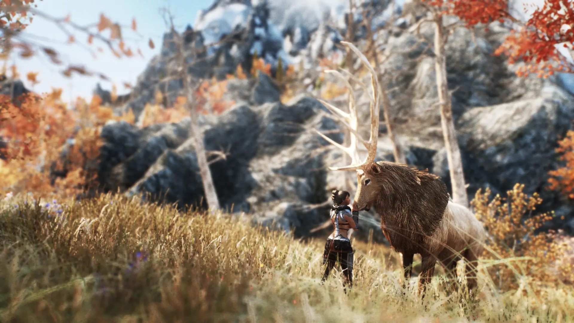 Busty brunette in fantasy armor being attacked by a feral wolf in a forest, monster on human, 3d