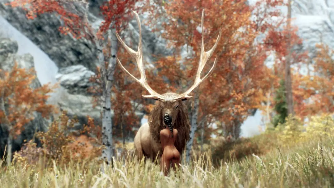 Busty brunette in fantasy armor being attacked by a feral wolf in a forest, monster on human, 3d