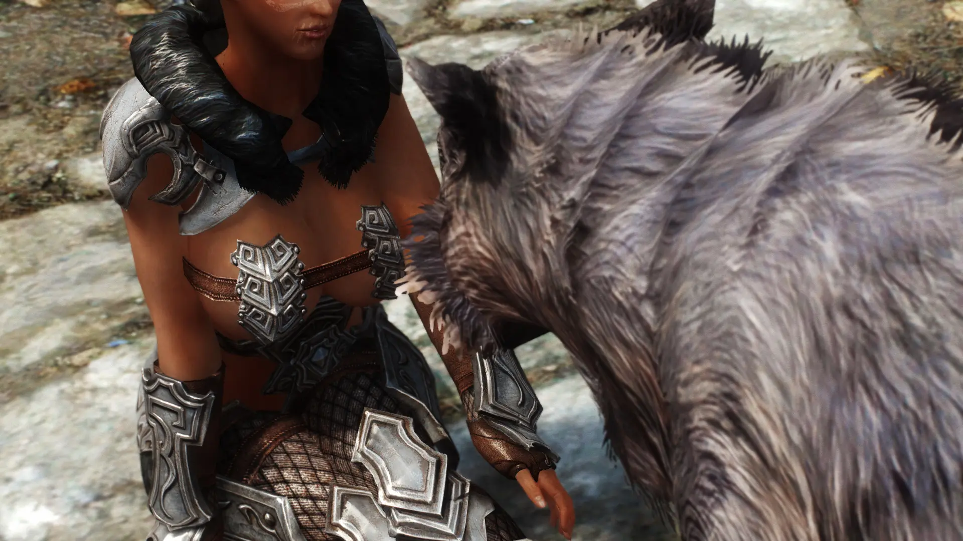 Busty brunette in fantasy armor being attacked by a feral wolf in a forest, monster on human, 3d
