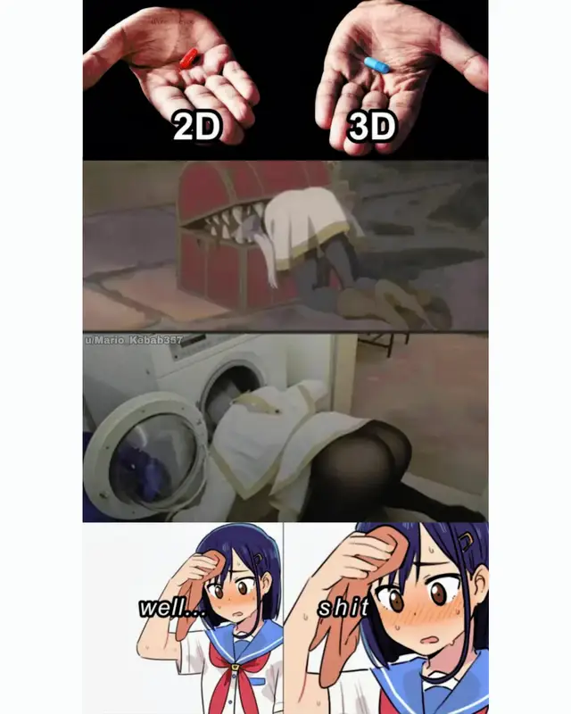 Frieren: Beyond Journey's End anime meme with a 2D vs 3D pill choice split screen