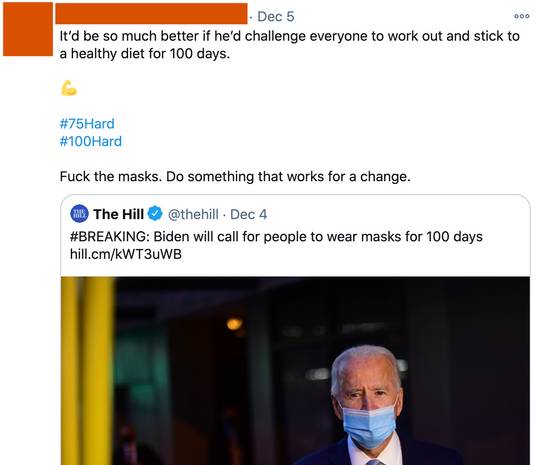 Antimasker thinks masks are hard and don't work. Thinks we should just make Americans exercise and eat healthy for 100 days instead.