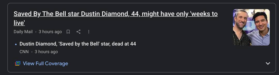 Article stating Dustin Diamond may only have weeks to the minuets before his death is announced.