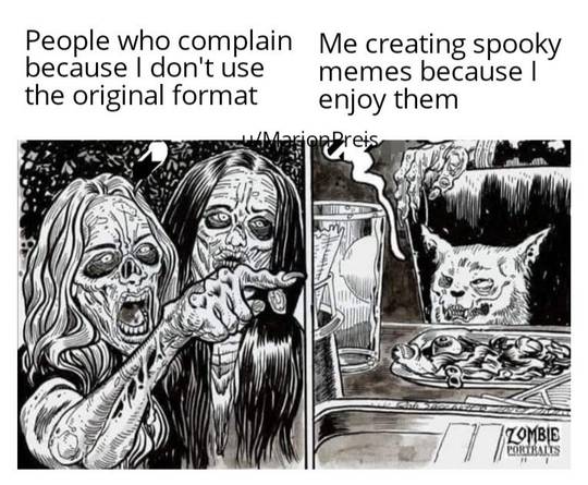 Rob Zacchetto Zombie Portraits meme featuring a zombie cat and decayed figures in a dining area.