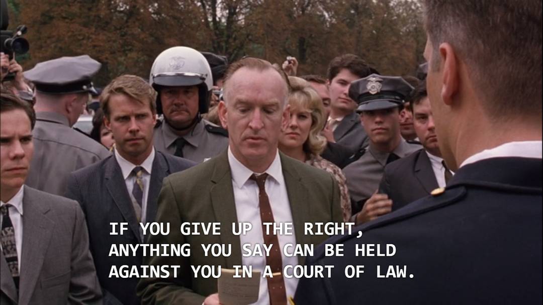 At the end of The Shawshank Redemption, the DA who arrests Guard Captain Hadley reads the Miranda rights off a card. This scene takes place in 1966, the same year as the Miranda v. Arizona court case that required these rights to be read to a suspect upon arrest.