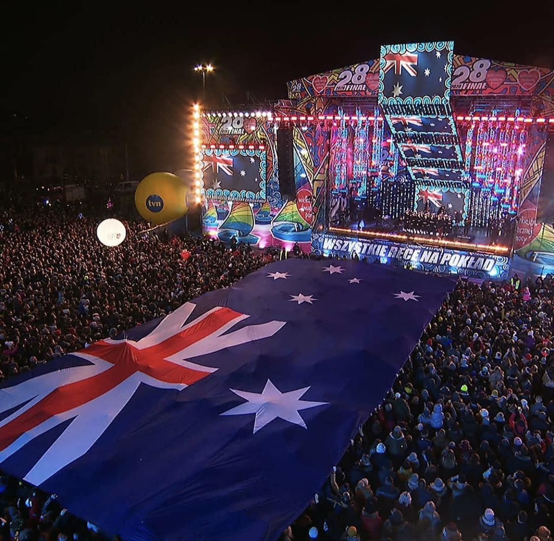 Australian flag rolled out today during the biggest charity event (WOŚP) in Warsaw, Poland. Stay strong!
