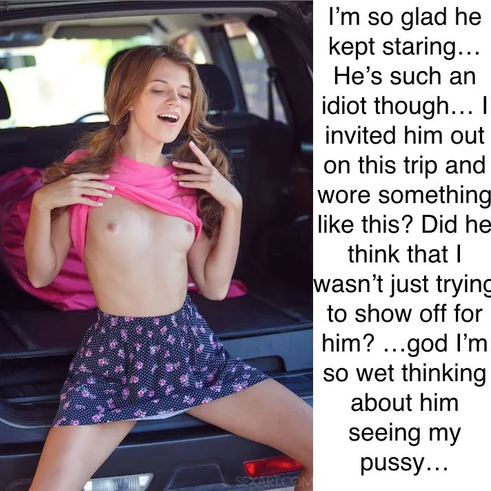 Slim white woman in a pink shirt and floral skirt masturbating in the back of a car with wincest captions