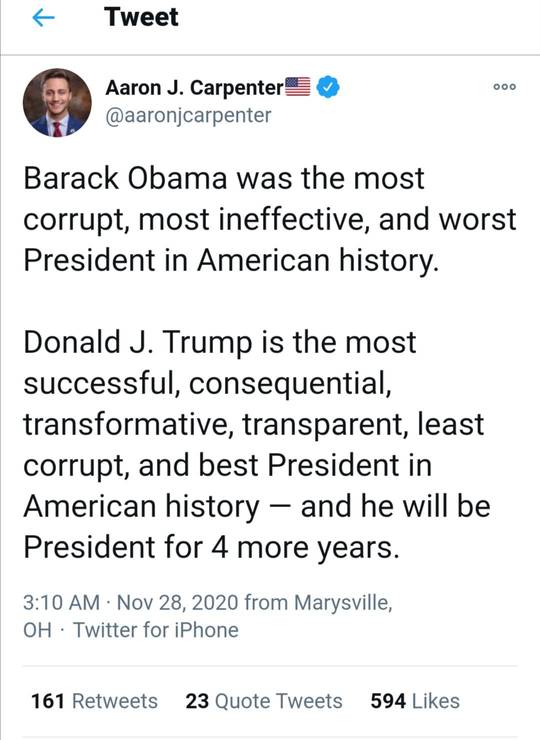 Barack Obama was the most corrupt, most ineffective, and worst President in American history. Donald J. Trump is the most successful, consequential, transformative, transparent, least corrupt, and best President in American history — and he will be President for 4 more years.