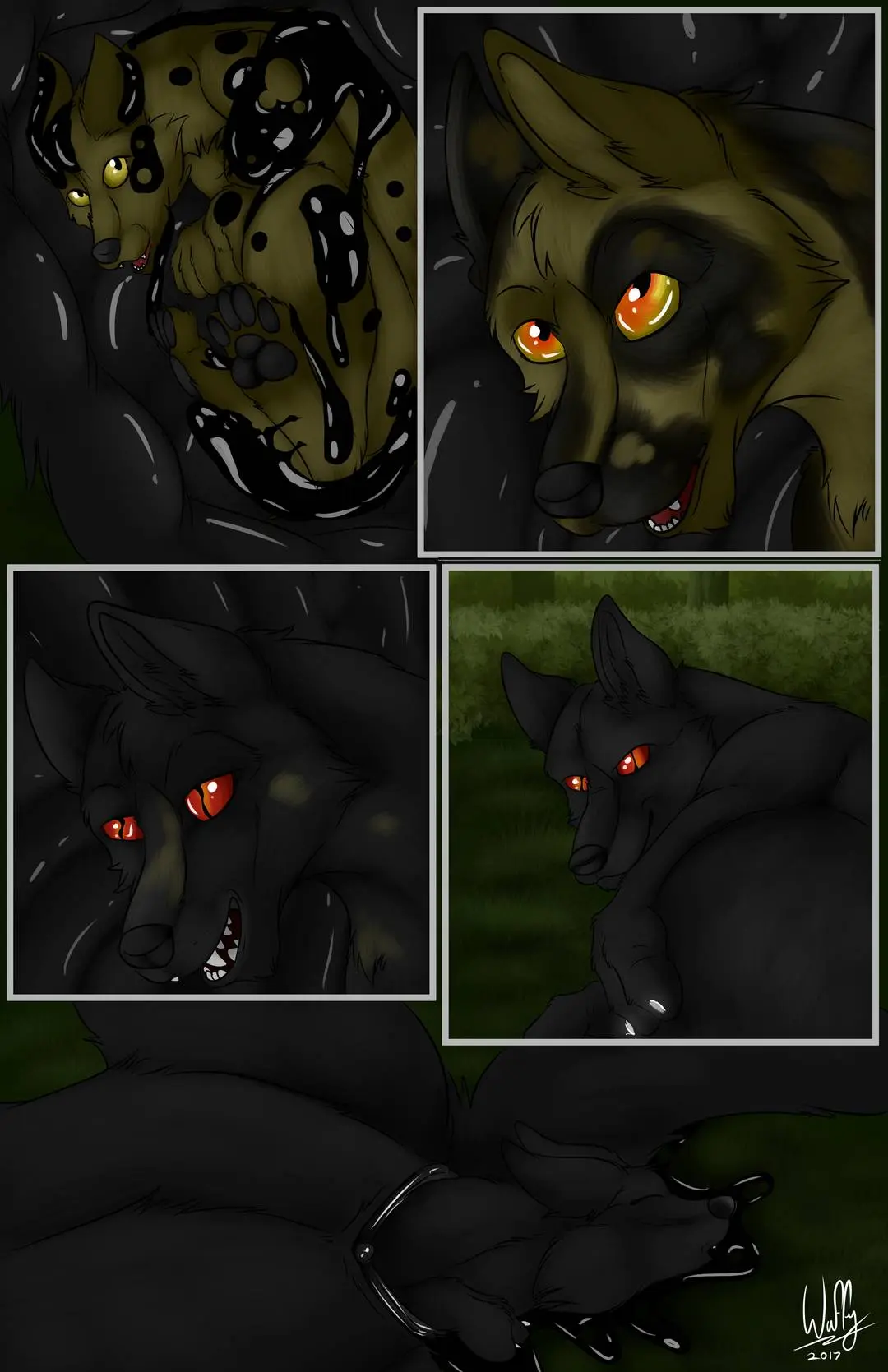 Digital art of muscular black fur and slim tan fur anthropomorphic wolves engaging in knotting and anal sex in a forest.