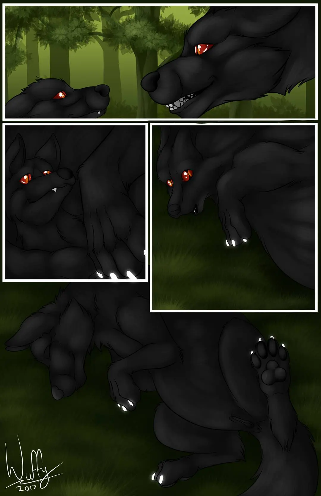 Digital art of muscular black fur and slim tan fur anthropomorphic wolves engaging in knotting and anal sex in a forest.