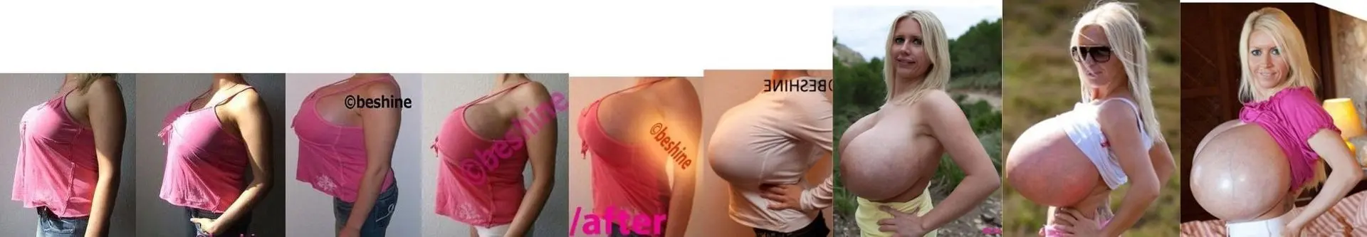 BEShine showing breast expansion and belly expansion in a pink tank top, white bikini, and pink shirt