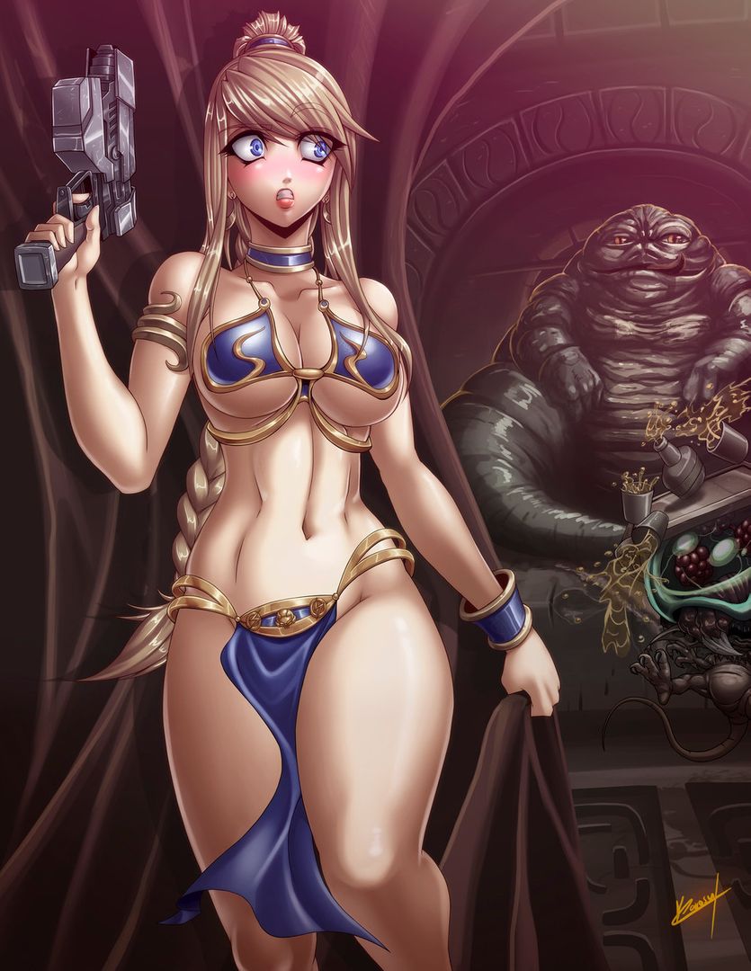 Samus Aran from Metroid in anime fan art, featuring her blonde ponytail, Zero Suit, and nude poses.