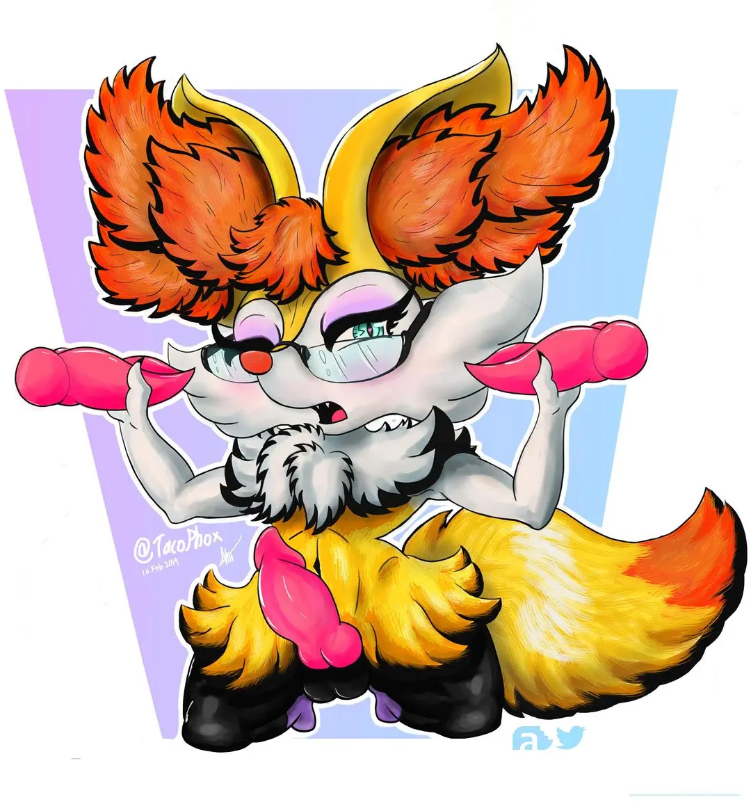 Braixy cock by TacoPhox, an anthropomorphic fox wearing glasses and holding pink dildos.