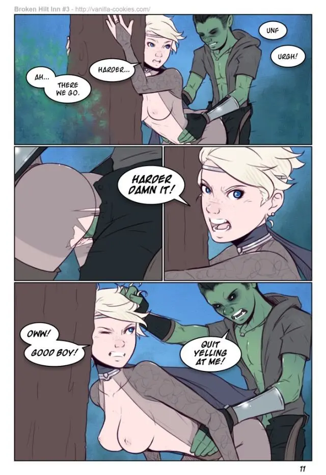 Orc man and blonde human femboy in a fight and sexual encounter from Broken Hilt Inn 3 by Vanilla-Cookies