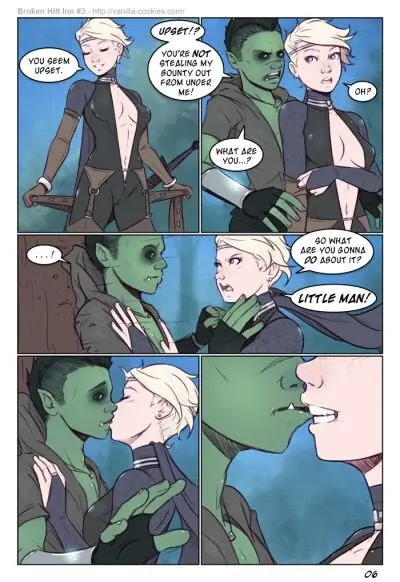 Orc man and blonde human femboy in a fight and sexual encounter from Broken Hilt Inn 3 by Vanilla-Cookies