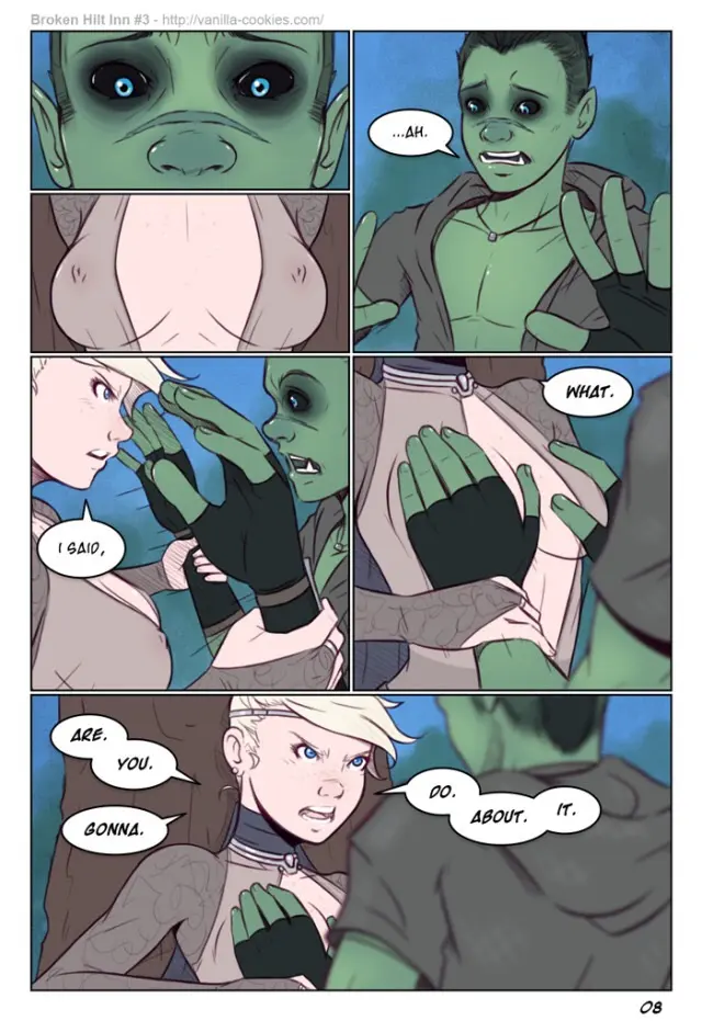 Orc man and blonde human femboy in a fight and sexual encounter from Broken Hilt Inn 3 by Vanilla-Cookies