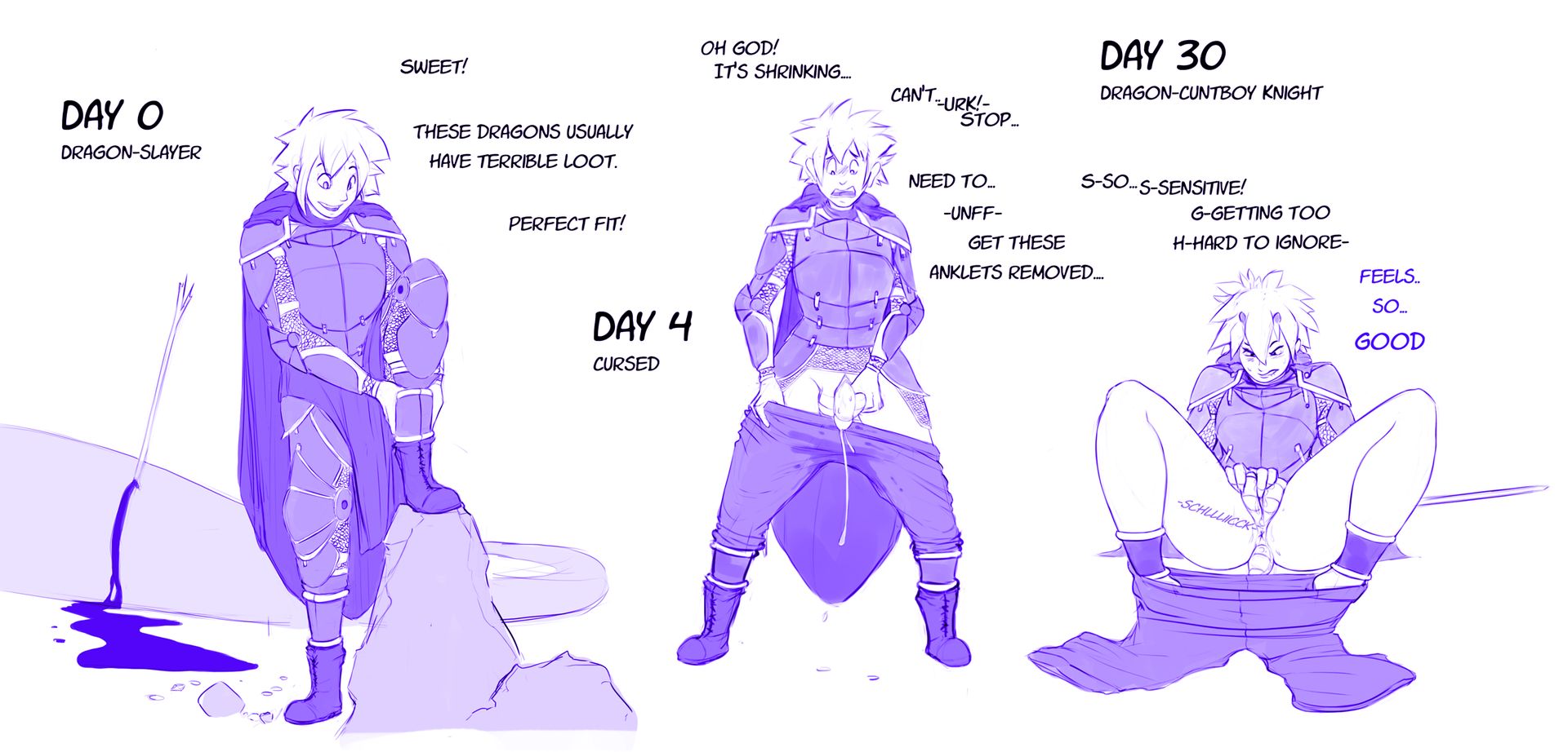 Dragon cuntboy knight by Watsup transforming from a purple haired woman in armor into a massive dragon queen