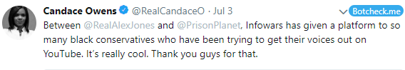 Candace Owens is actually thanking Alex Jones and Prison Planet