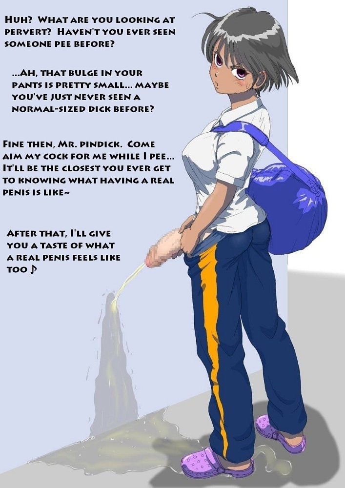 Futanari and femdom anime panels with busty women, a male slut, and explicit captions